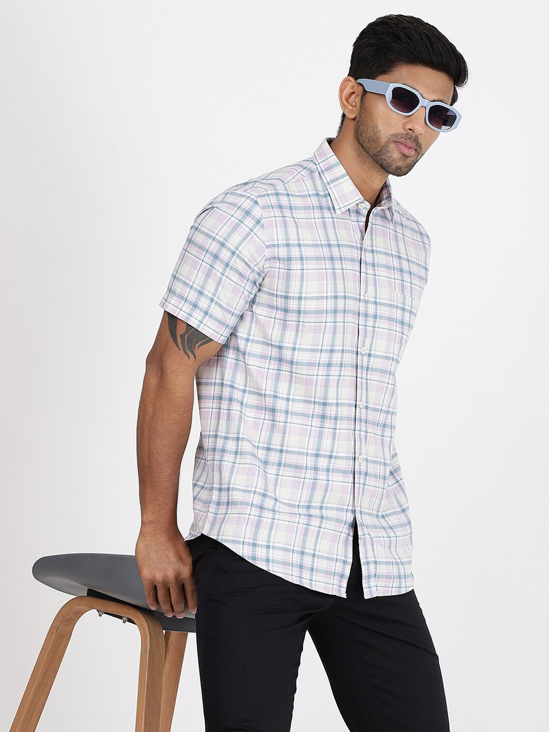 

JADE BLUE Slim Fit Windowpane Checks Spread Collar Half Sleeves Cotton Shirt