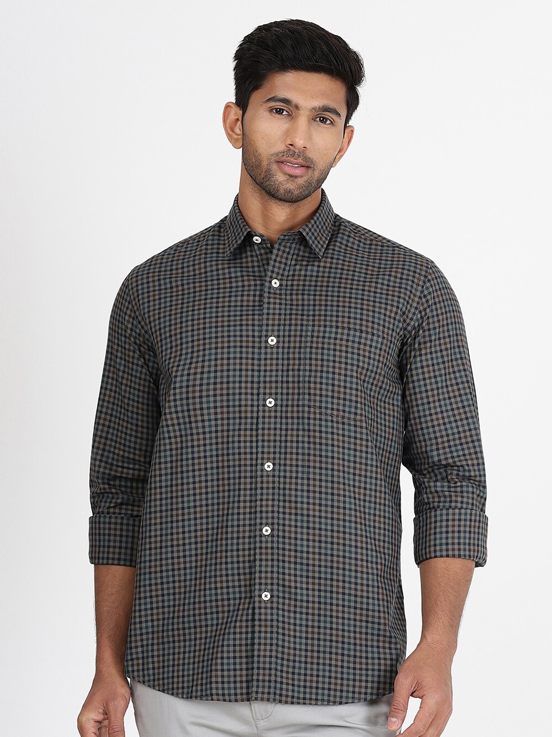 

JADE BLUE Slim Fit Checked Cotton Casual Shirt, Grey