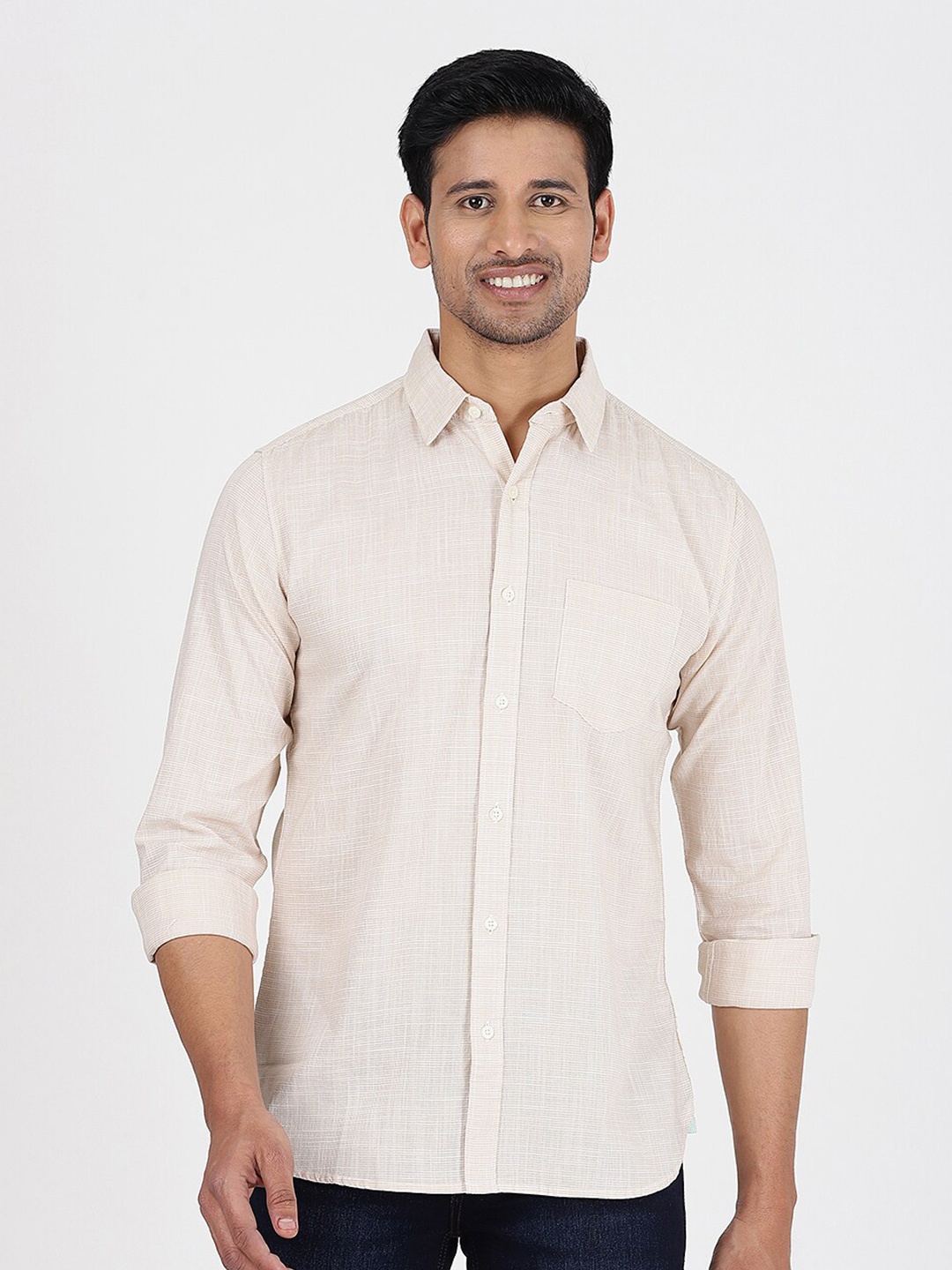 

JADE BLUE Slim Fit Spread Collar Full Sleeves Chest Pocket Cotton Shirt, Beige