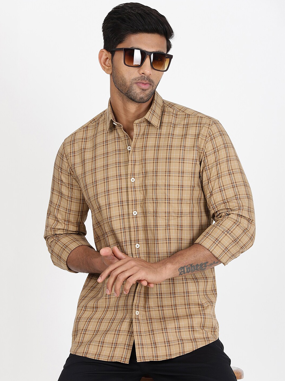 

JADE BLUE Slim Fit Tartan Checks Spread Collar Full Sleeves Cotton Shirt, Khaki