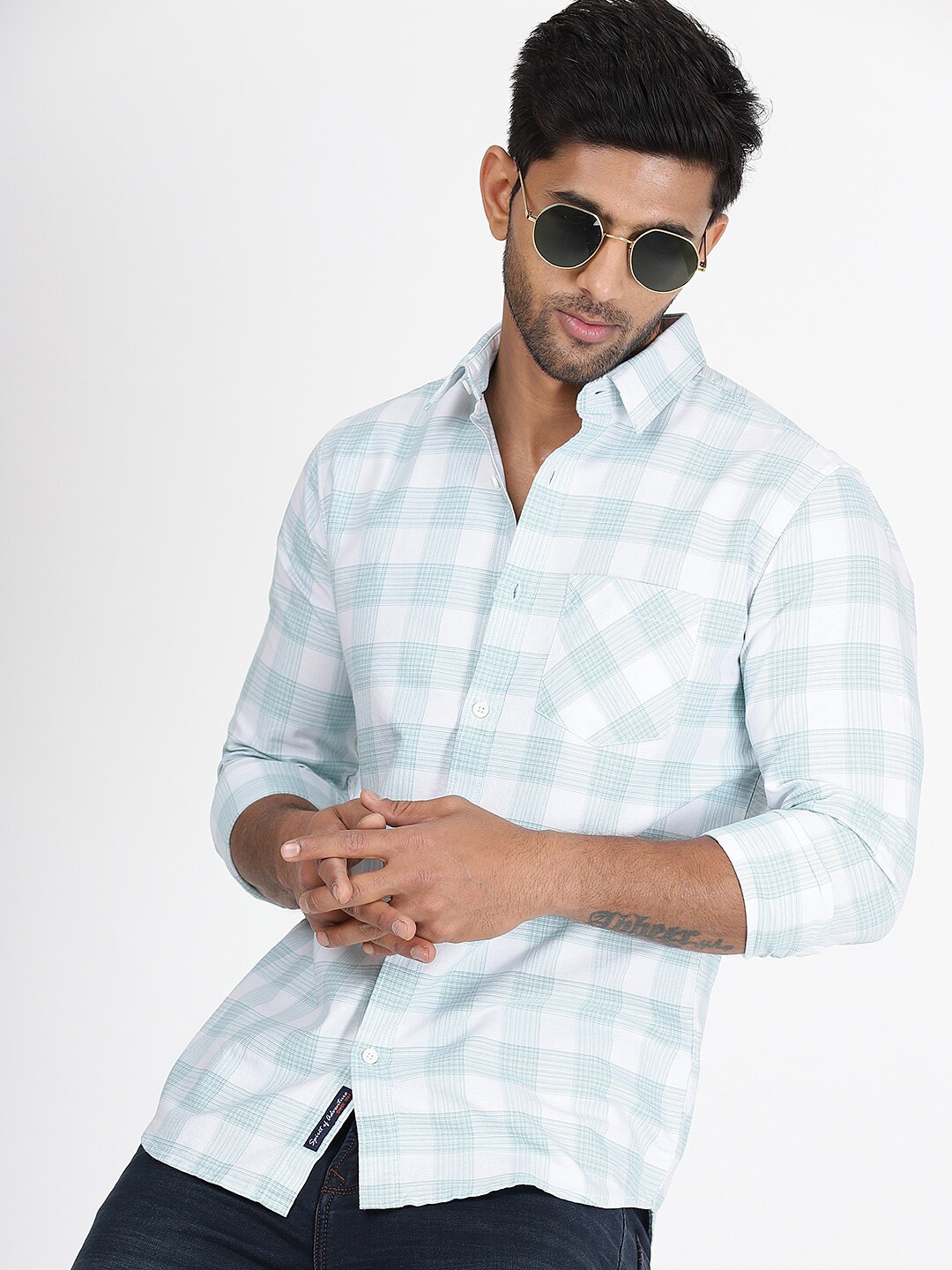

JADE BLUE Slim Fit Buffalo Checked Cotton Casual Shirt, White