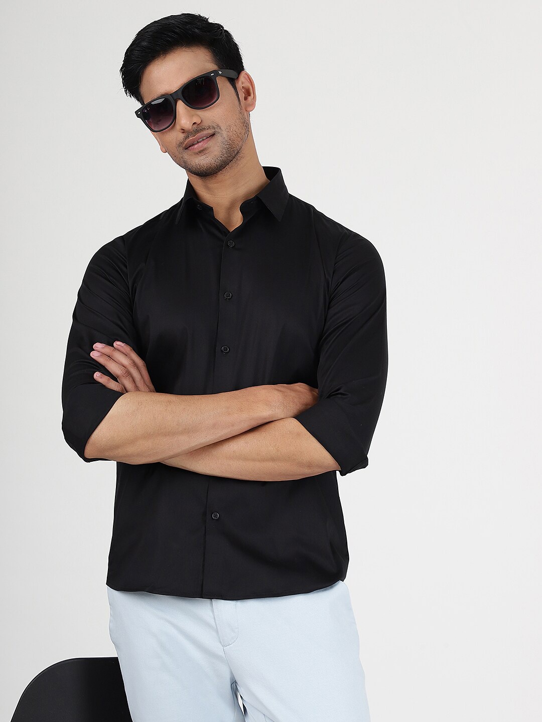 

JADE BLUE Slim Fit Spread Collar Full Sleeves Cotton Shirt, Black