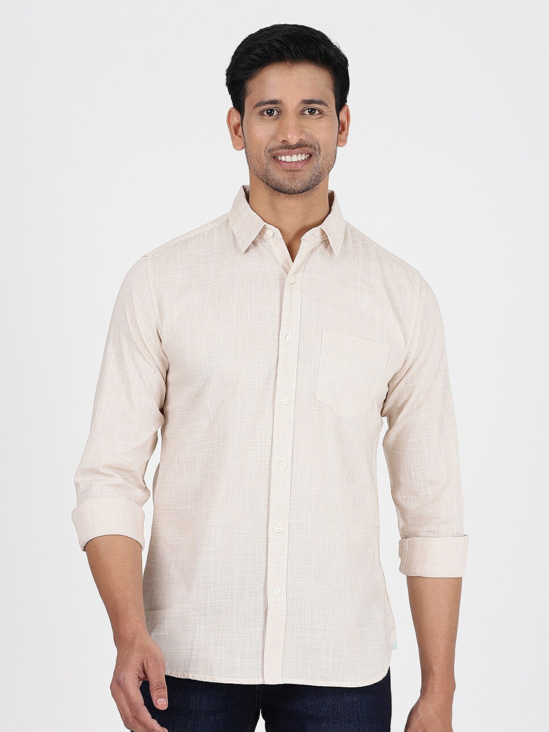 

JADE BLUE Grid Tattersall Checks Spread Collar Slim Fit Cotton Casual Shirt, Beige