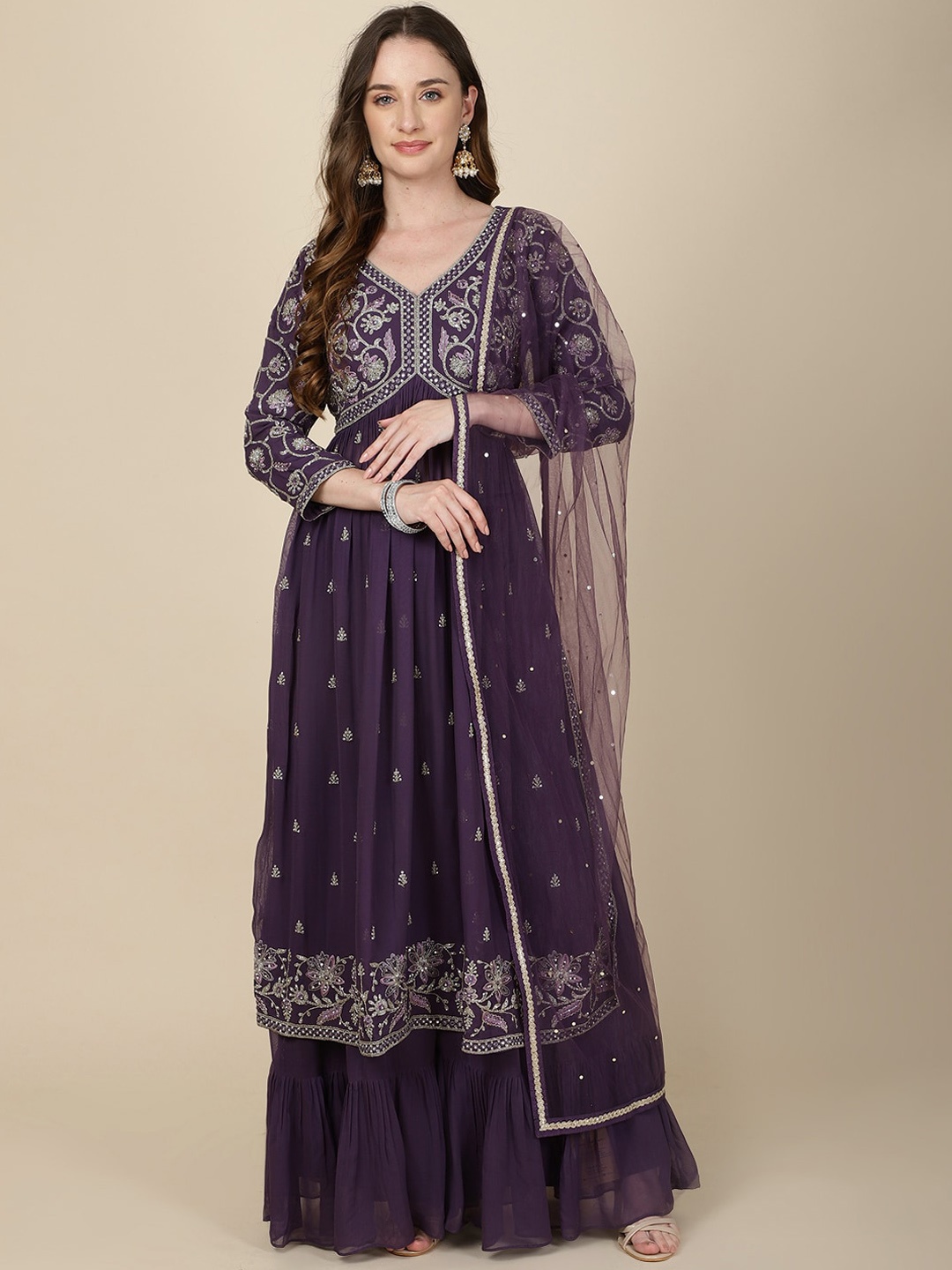 

Meena Bazaar Floral Embroidered Regular Kurta with Trousers & Dupatta, Purple