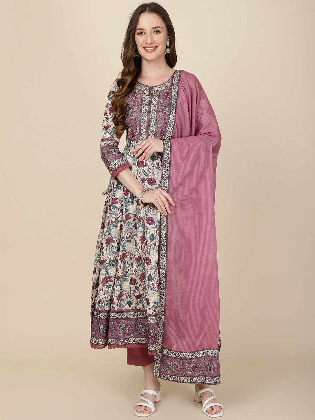 

Meena Bazaar Floral Printed Regular Anarkali Kurta with Trousers & Dupatta, Beige
