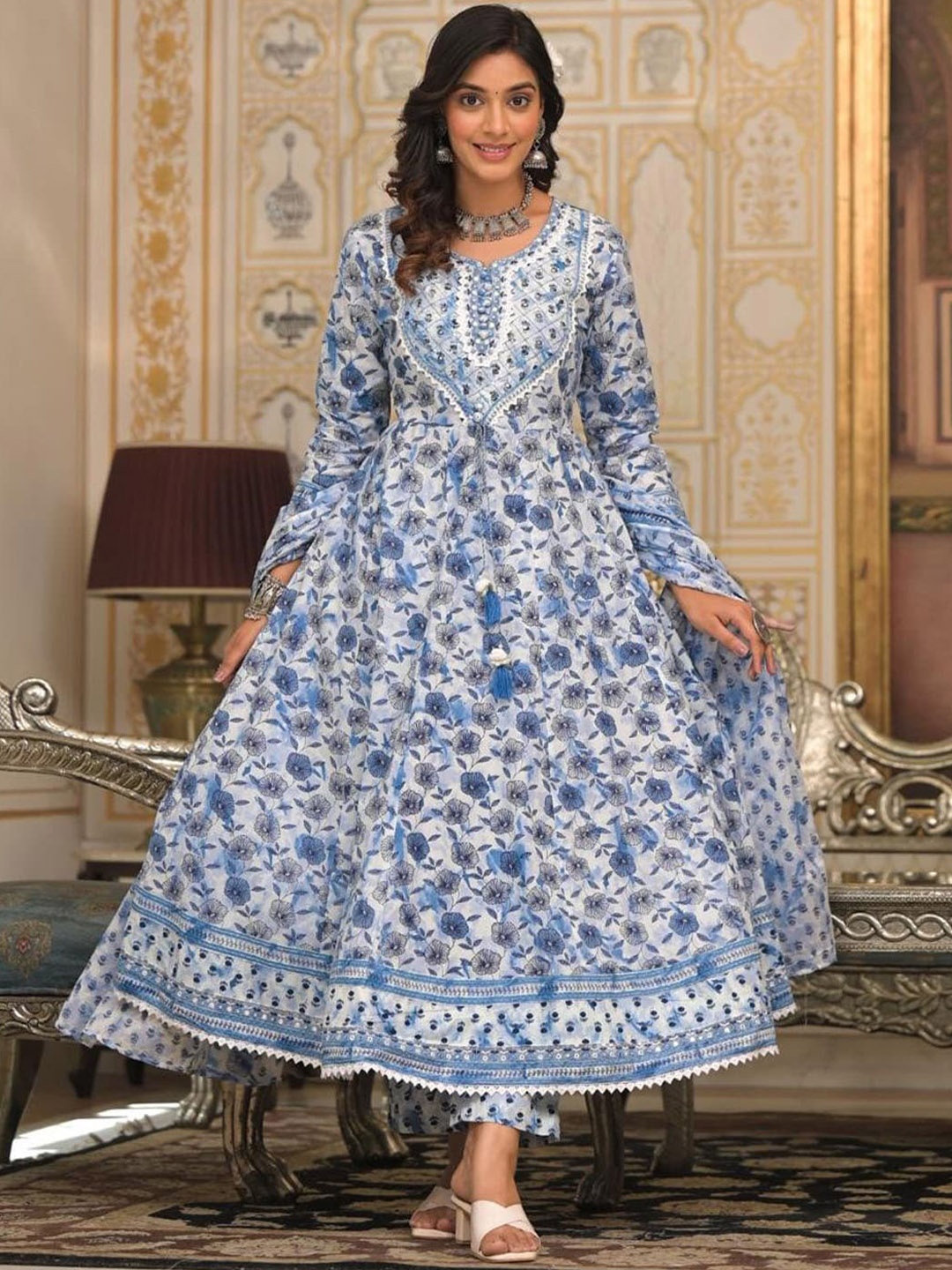 

Meena Bazaar Floral Printed Flared Anarkali Kurta With Trousers & Dupatta, Blue