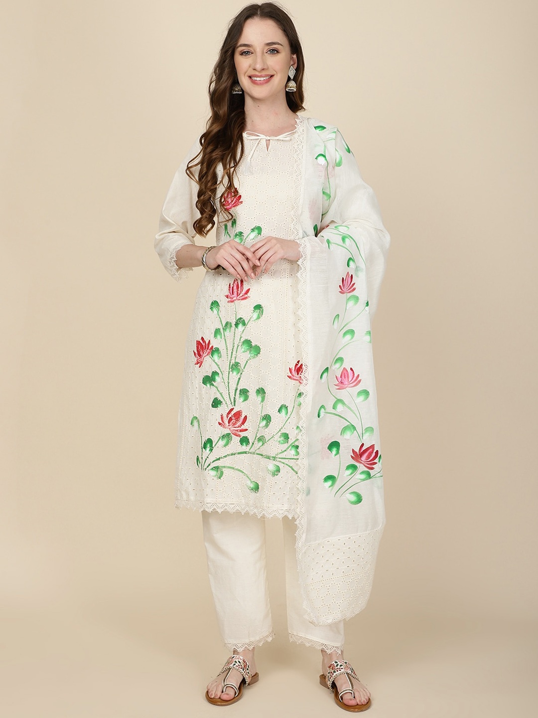 

Meena Bazaar Floral Printed Regular Kurta with Trousers & With Dupatta, Cream