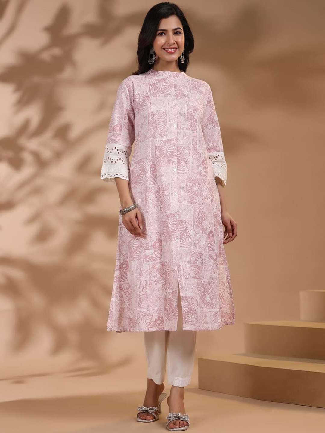 

Meena Bazaar Floral Printed Band Collar Straight Kurta with Trousers, Pink