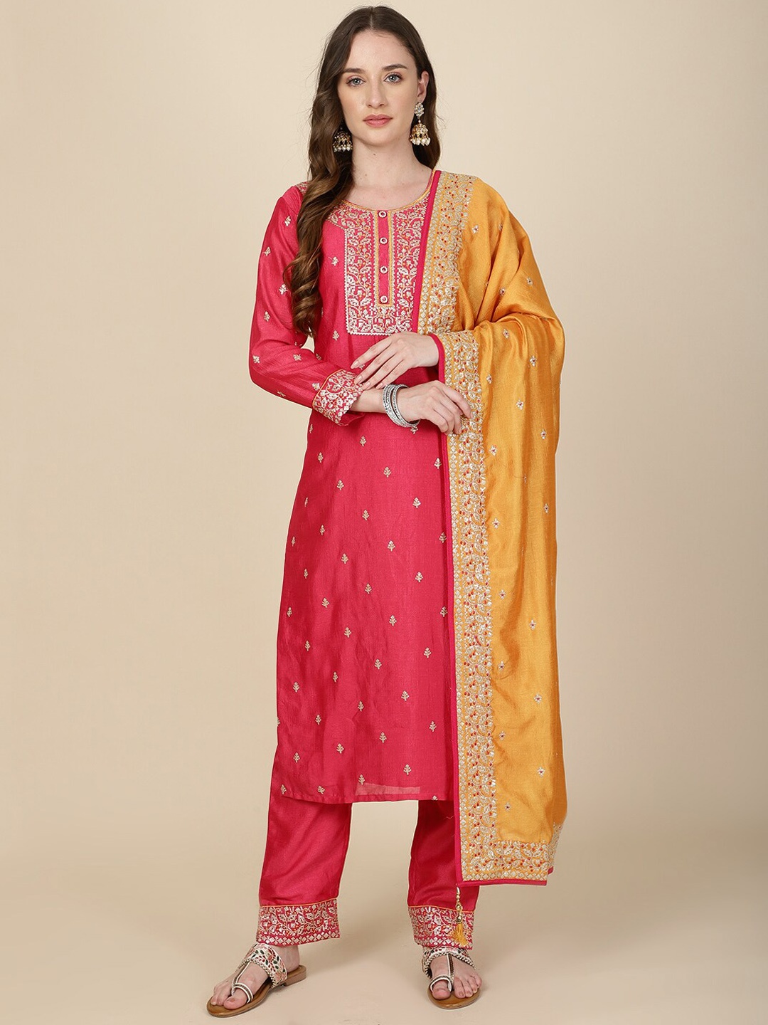 

Meena Bazaar Floral Embroidered Regular Thread Work Kurta With Trousers & Dupatta, Coral