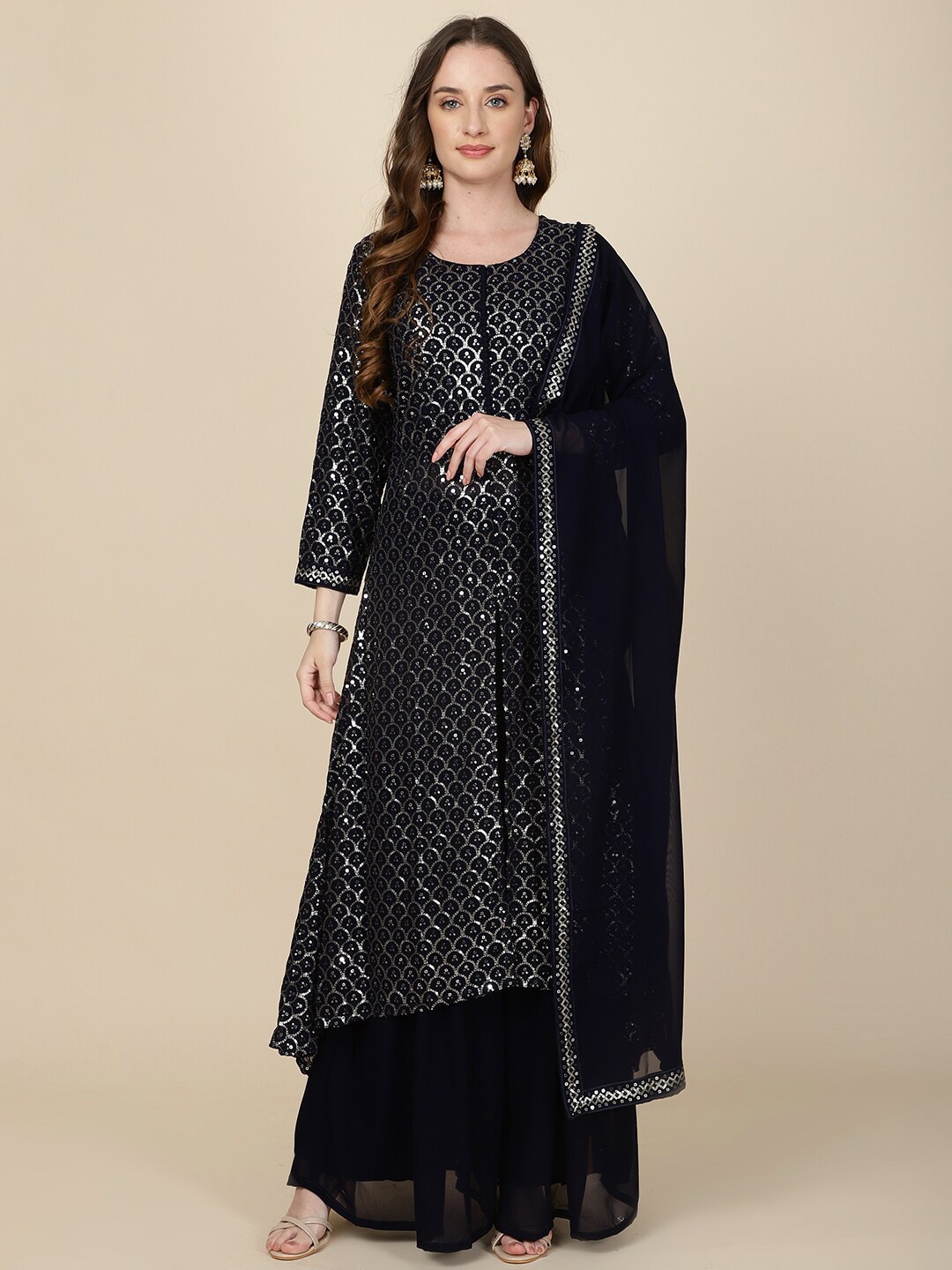 

Meena Bazaar Embroidered Regular Sequinned Kurta with Trousers & With Dupatta, Navy blue