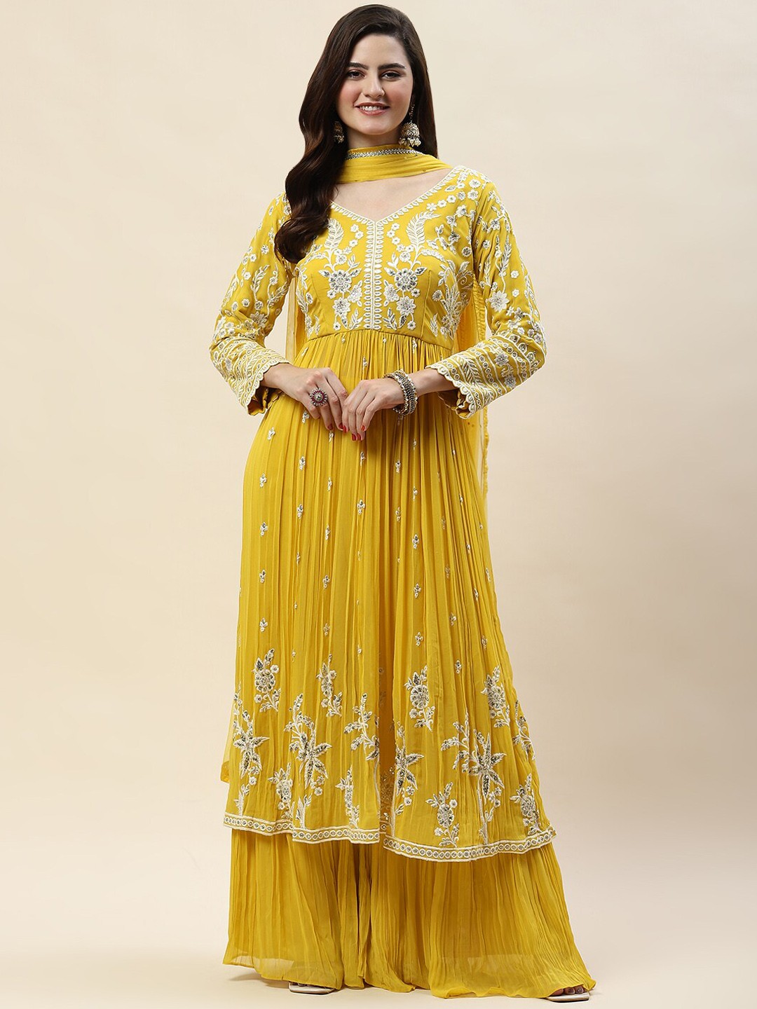 

Meena Bazaar Floral Embroidered V-Neck Thread Work Kurta with Sharara & With Dupatta, Yellow