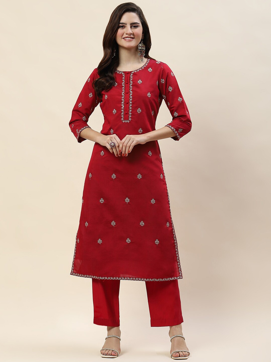 

Meena Bazaar Floral Embroidered Regular Sequinned Straight Kurta with Trousers, Maroon