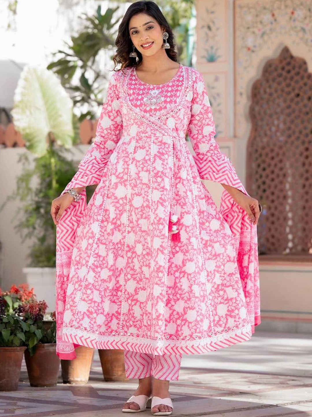 

Meena Bazaar Floral Printed Angrakha Mirror Work Kurta with Trousers & With Dupatta, Pink