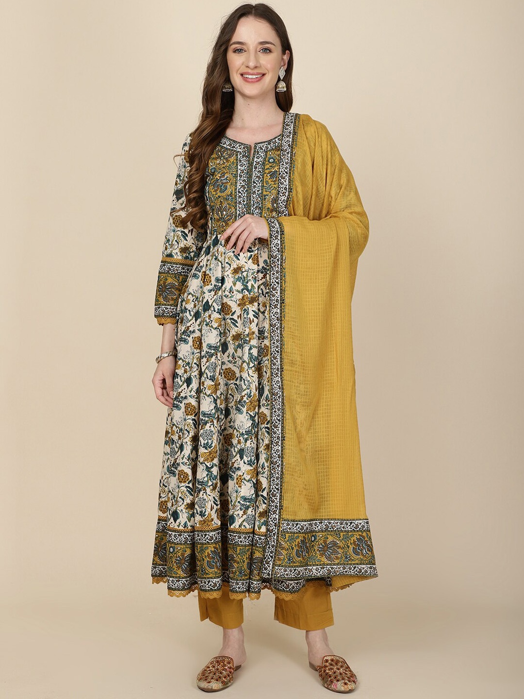 

Meena Bazaar Floral Printed Anarkali Kurta & Trousers With Dupatta, Beige