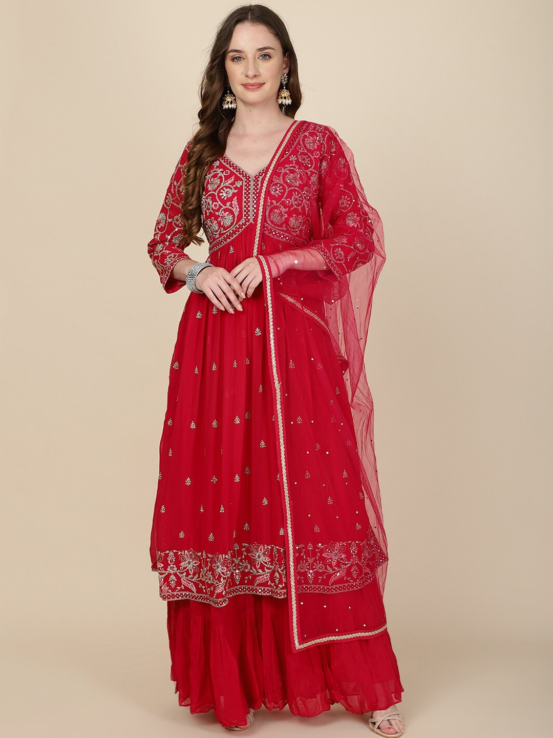 

Meena Bazaar Floral Embroidered V-Neck Straight Kurta with Trousers & Dupatta, Pink