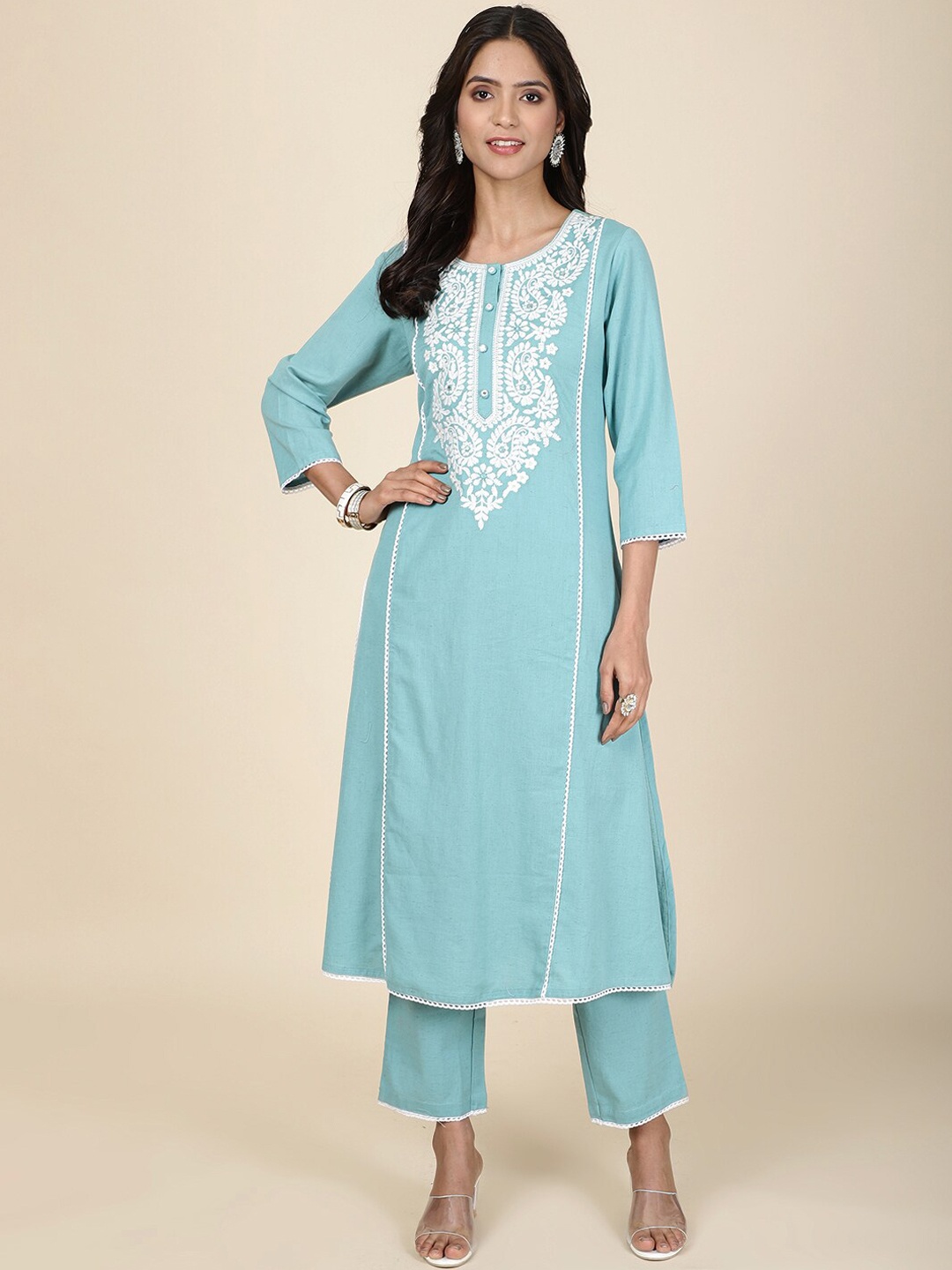 

Meena Bazaar Floral Yoke Design Round Neck Thread Work Kurta with Trousers, Blue