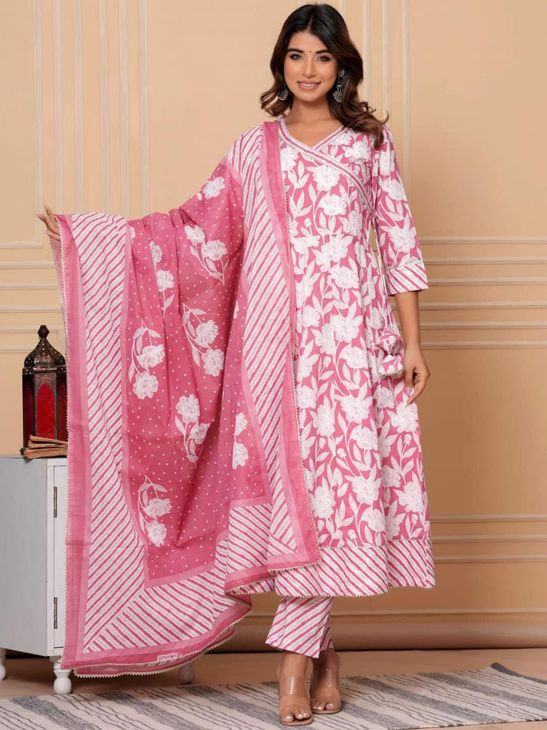 

Meena Bazaar Floral Printed Empire Kurta With Trousers & Dupatta, Pink