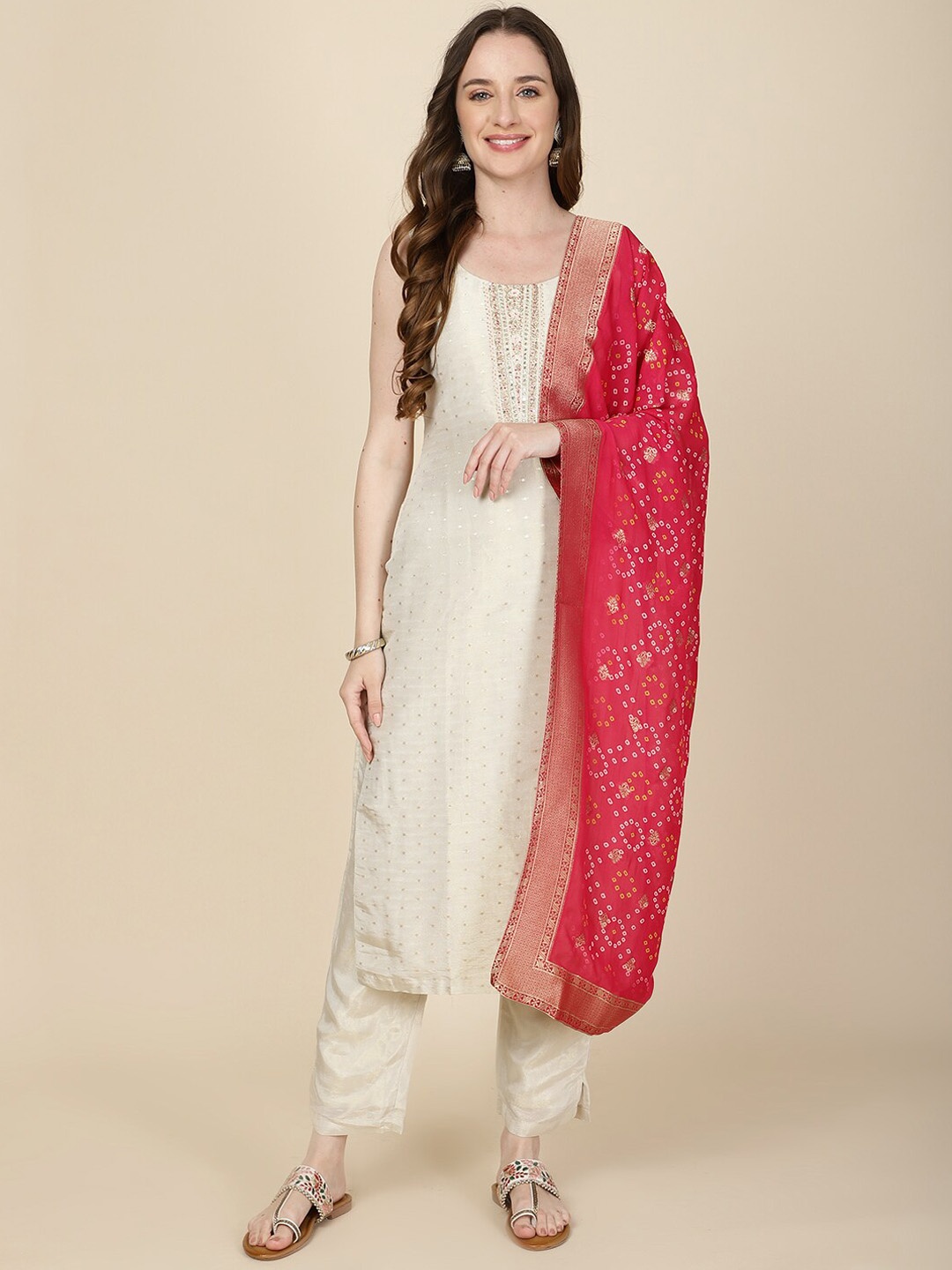 

Meena Bazaar Floral Embroidered Round Neck Straight Kurta With Trousers & Dupatta, Beige