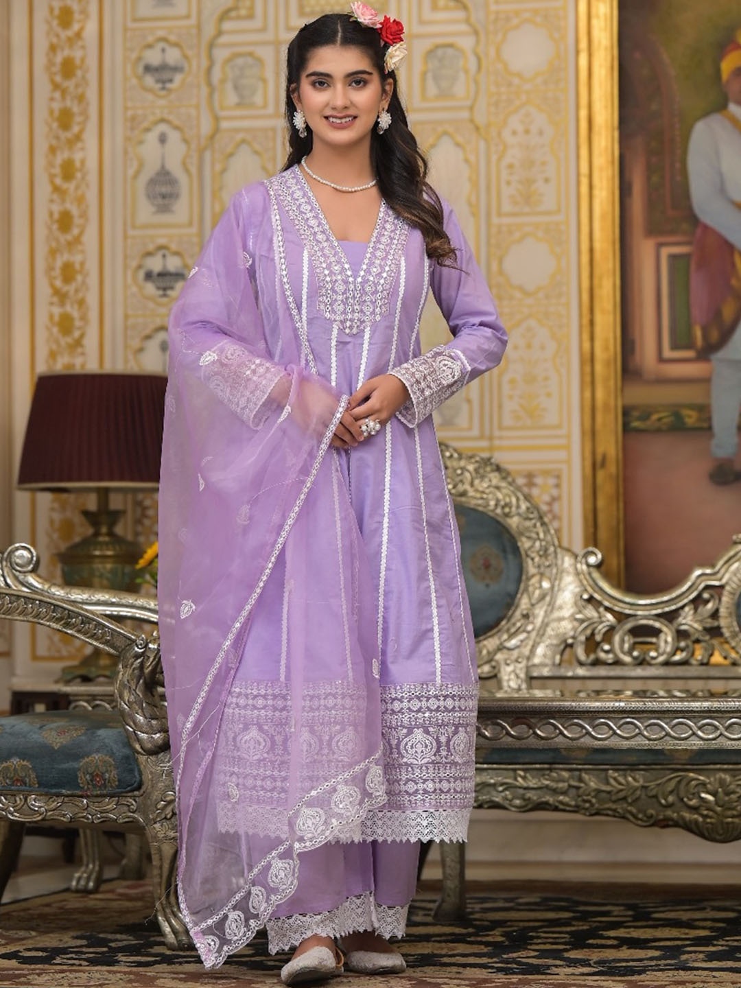 

Varanga Lavender Embroidered Mirror Work Anarkali Pure Cotton Kurta With Palazzo & Dupatta