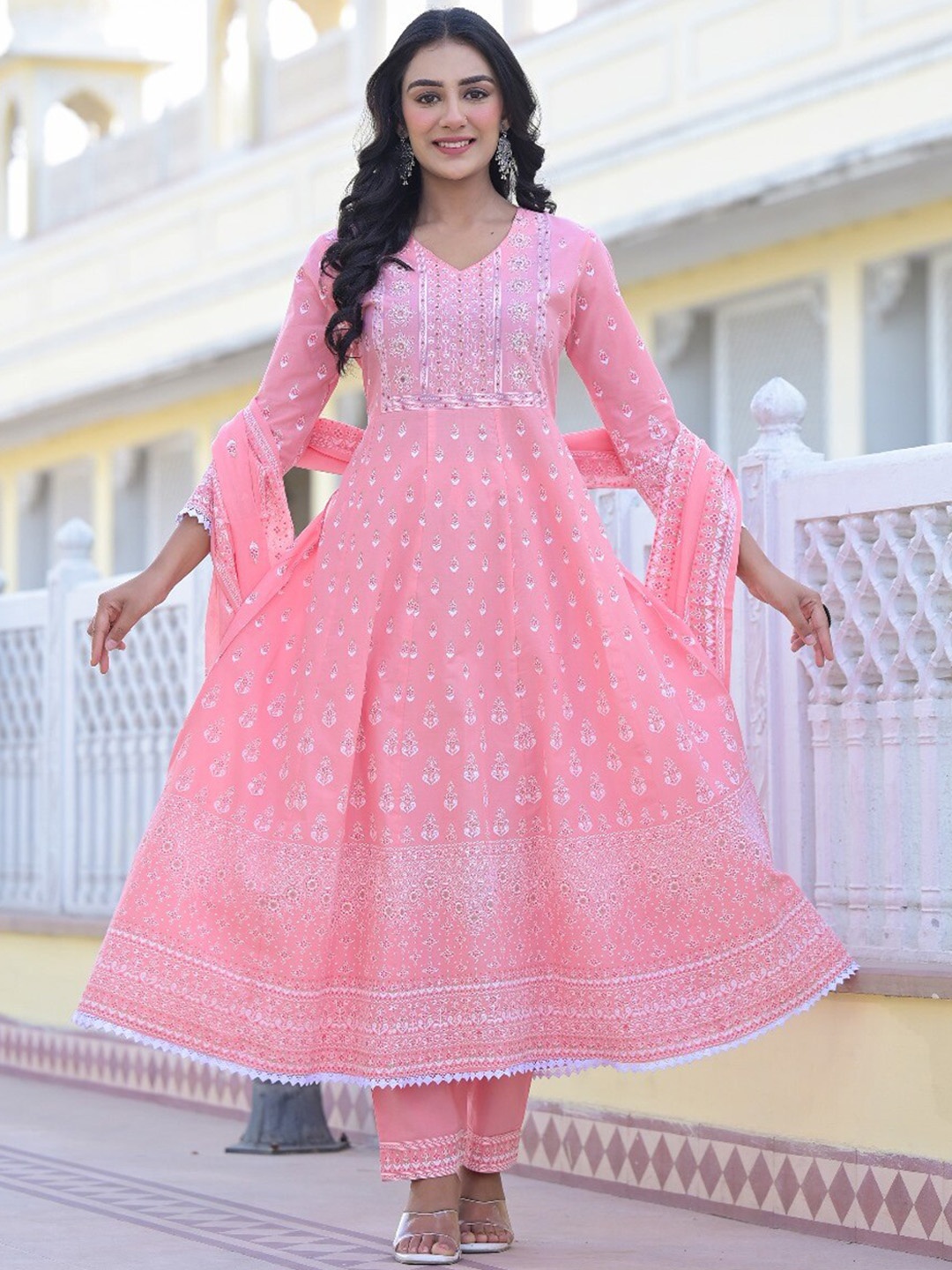 

Varanga Pink Printed Mirror Work Pure Cotton Anarkali Kurta With Trousers & Dupatta
