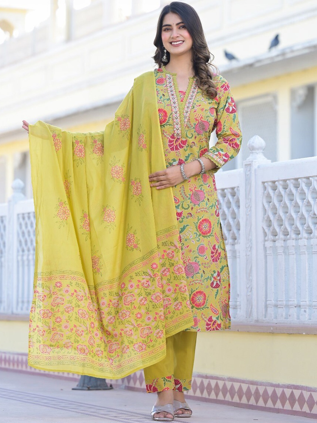 

Varanga Yellow Printed Mirror Work Pure Cotton Straight Kurta With Trousers & Dupatta