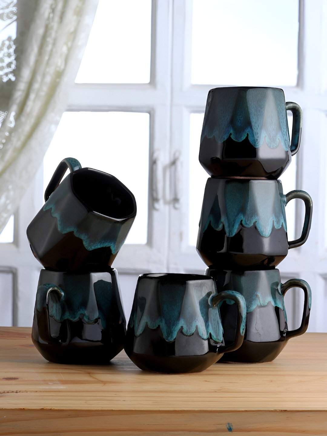 

Arrabi Blue & Black 6 Pcs Handcrafted Printed Stoneware Matte Cups 220 ml Each