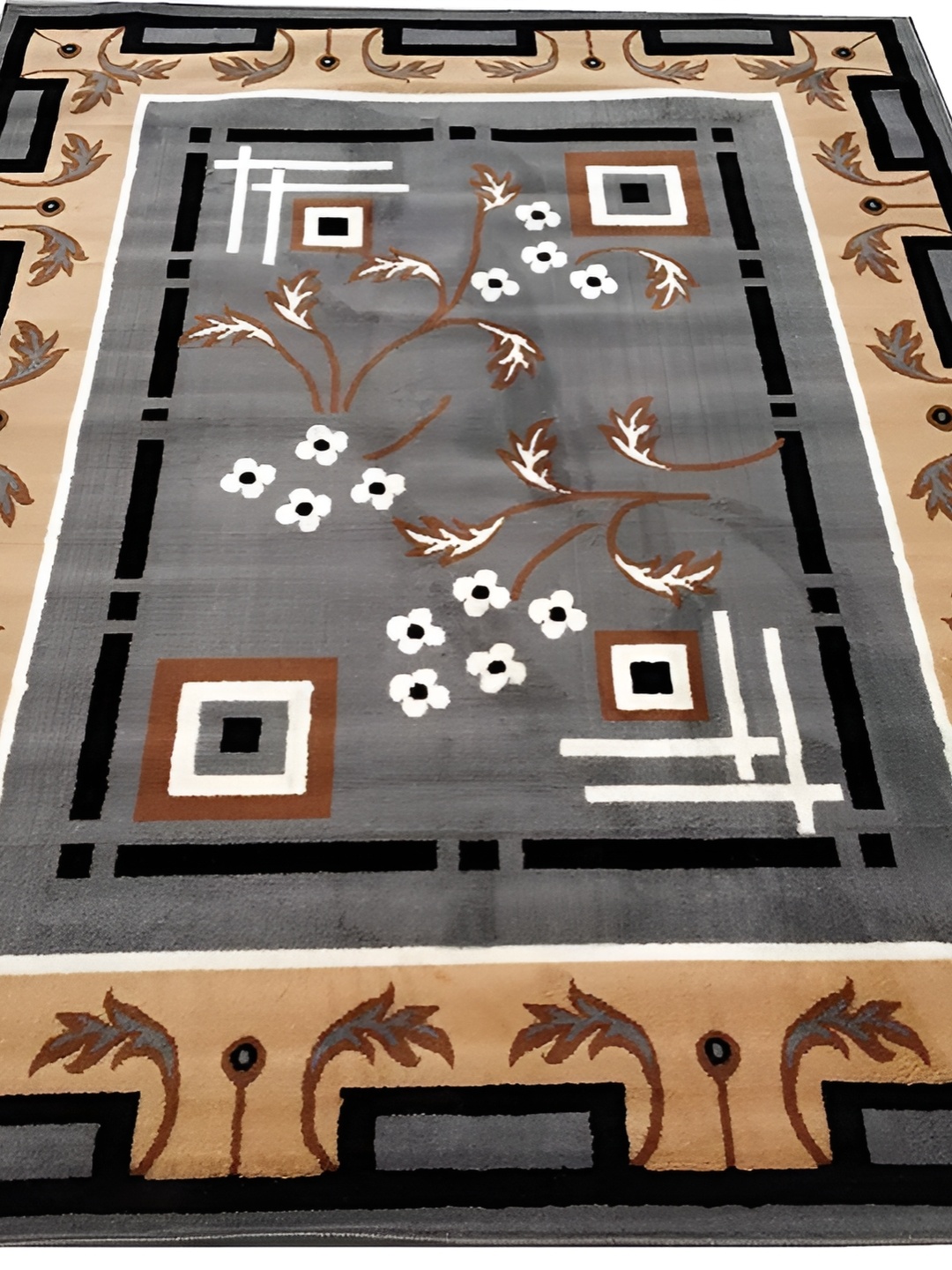 

SANA CARPET Grey & Beige Floral Printed Anti Skid Silk Rectangle Carpet