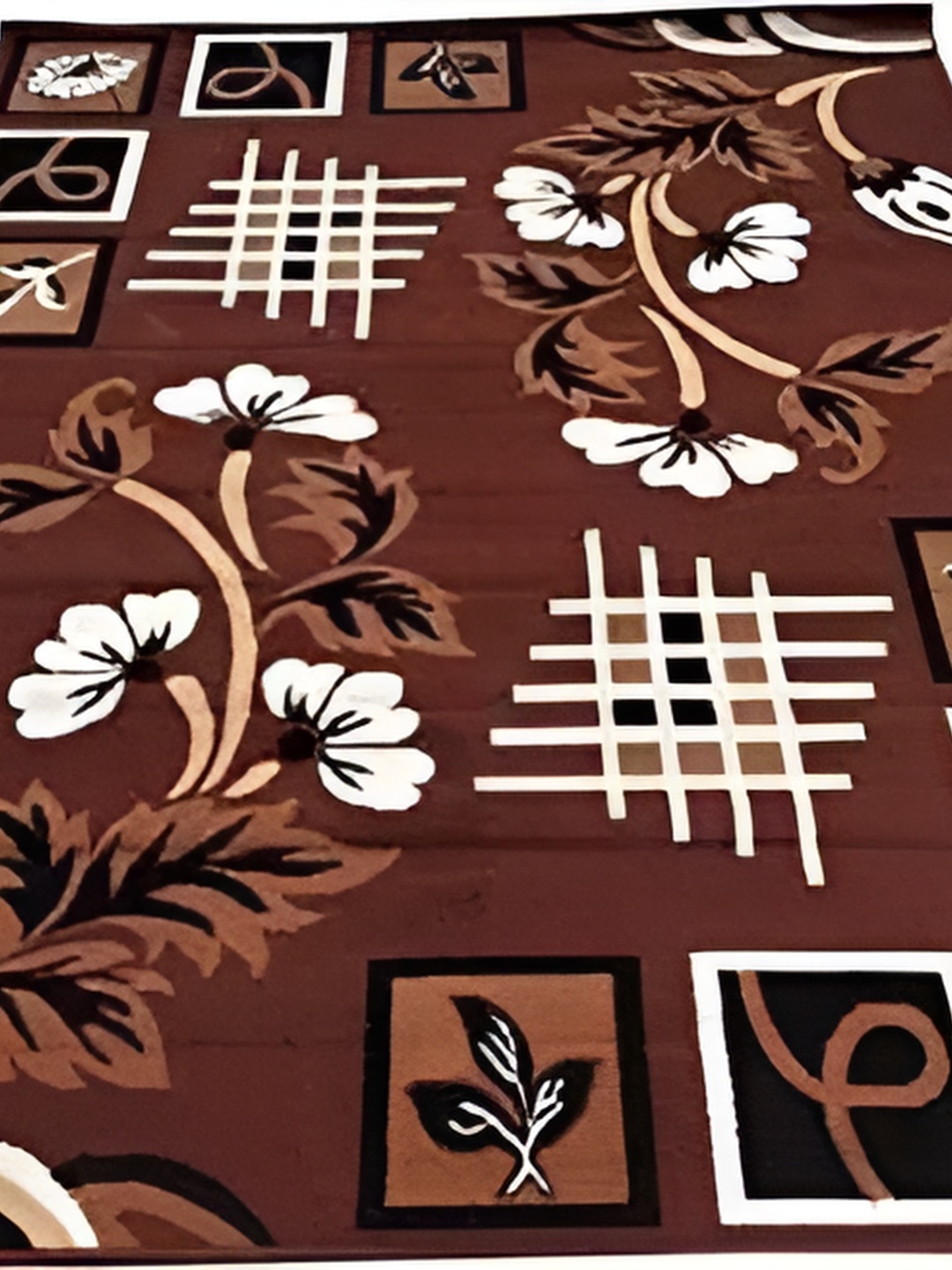 

SANA CARPET Brown & White Floral Printed Anti-Skid Silk Carpet