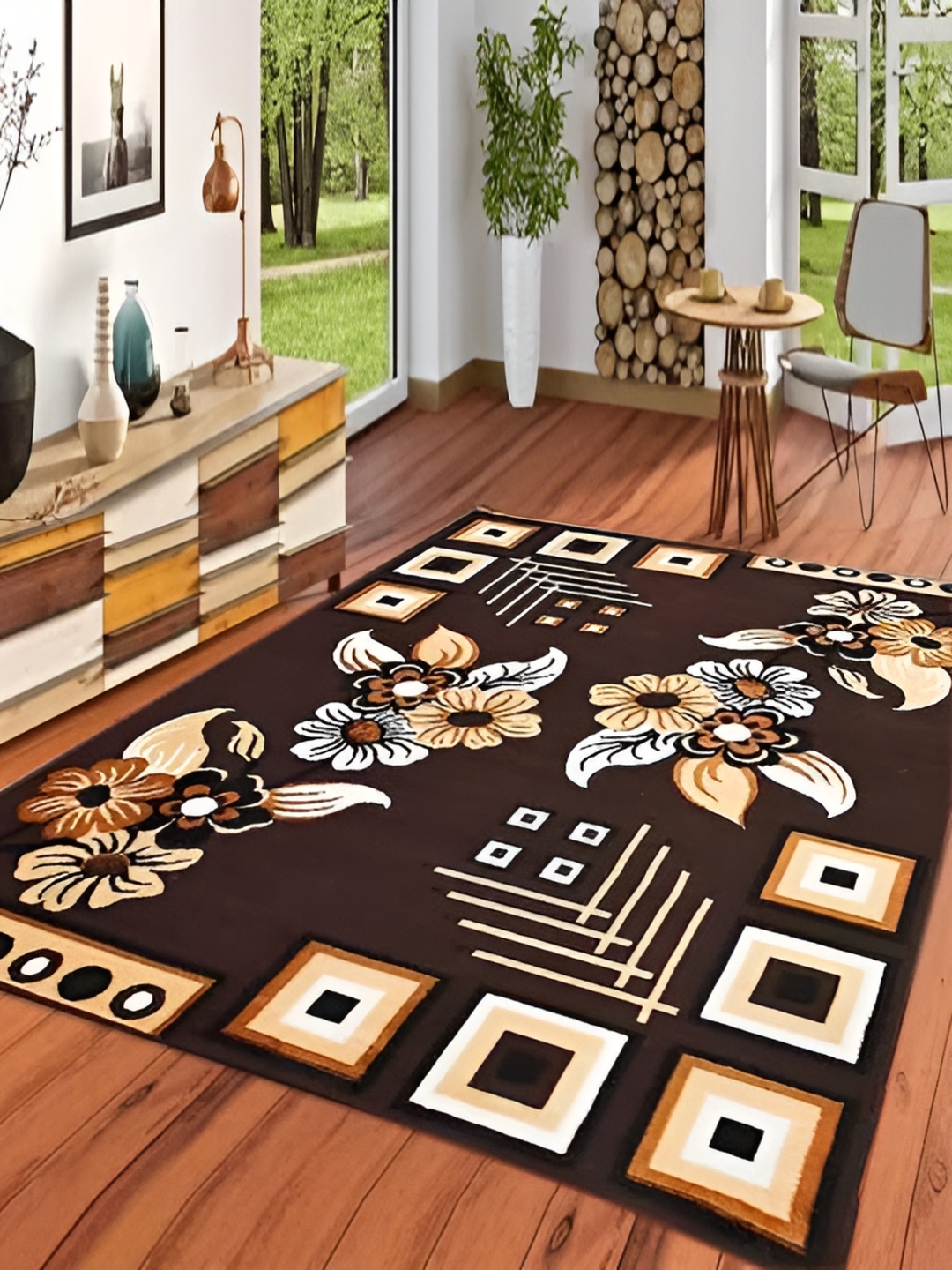 

SANA CARPET Brown Floral Anti-Skid Carpet