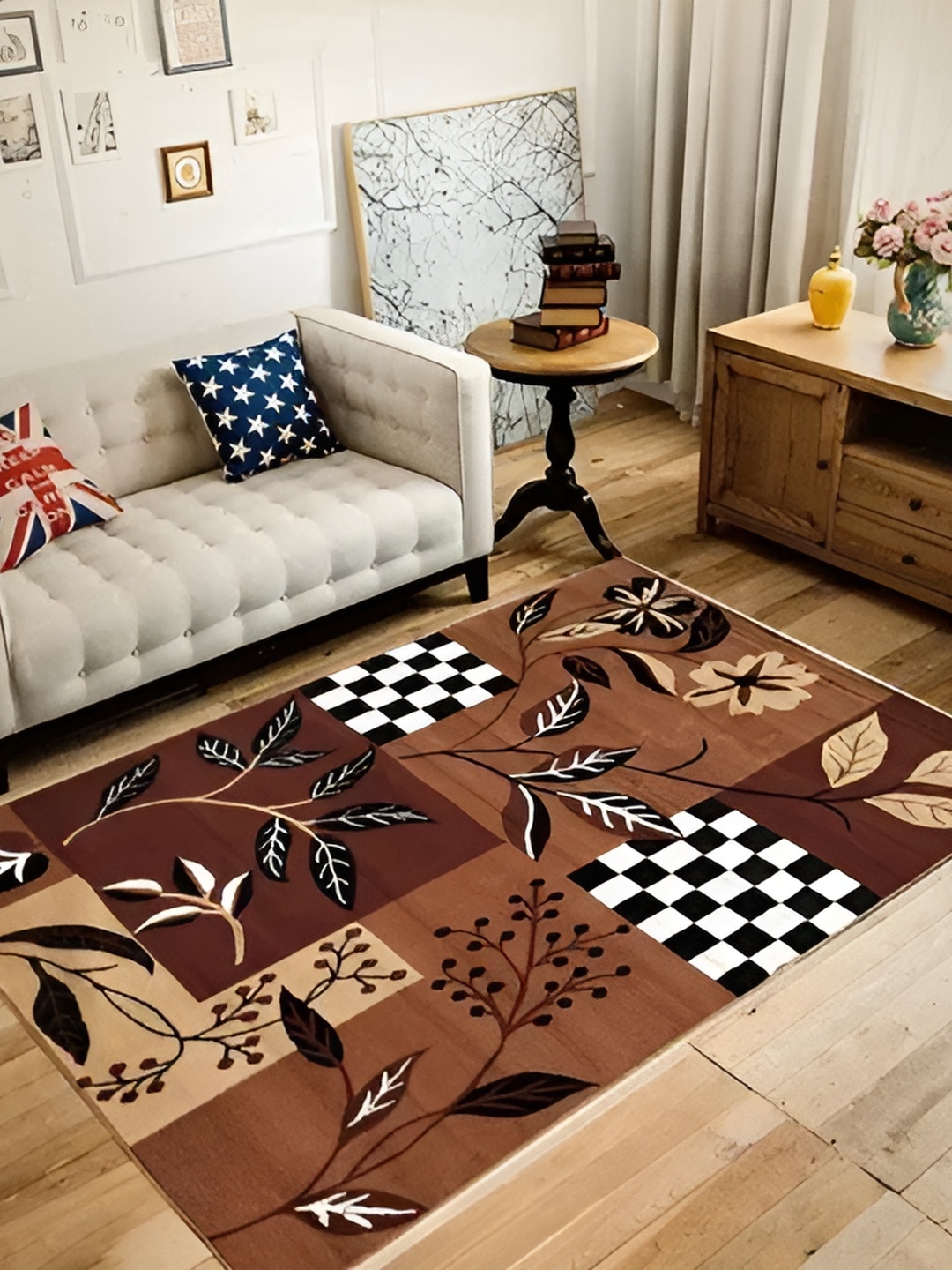 

SANA CARPET Brown & Black Floral Printed Anti-Skid Silk Carpet