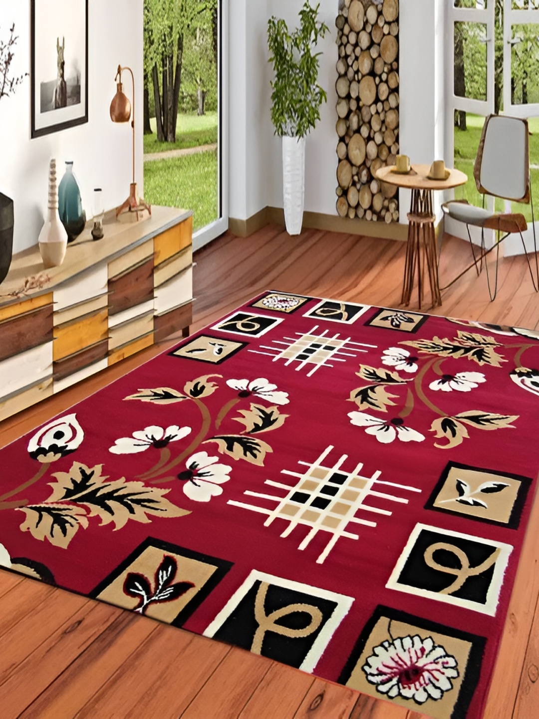 

SANA CARPET Red & Brown Floral Printed Anti Skid Silk Rectangle Carpet