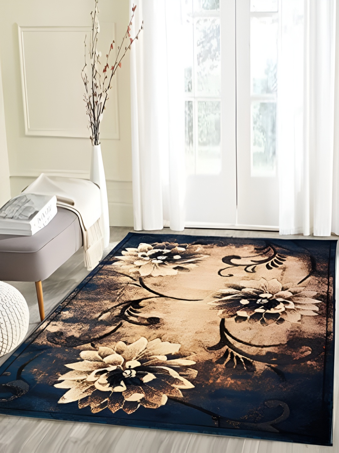 

SANA CARPET Gold Toned & Black Floral Printed Anti Skid Silk Rectangle Carpet