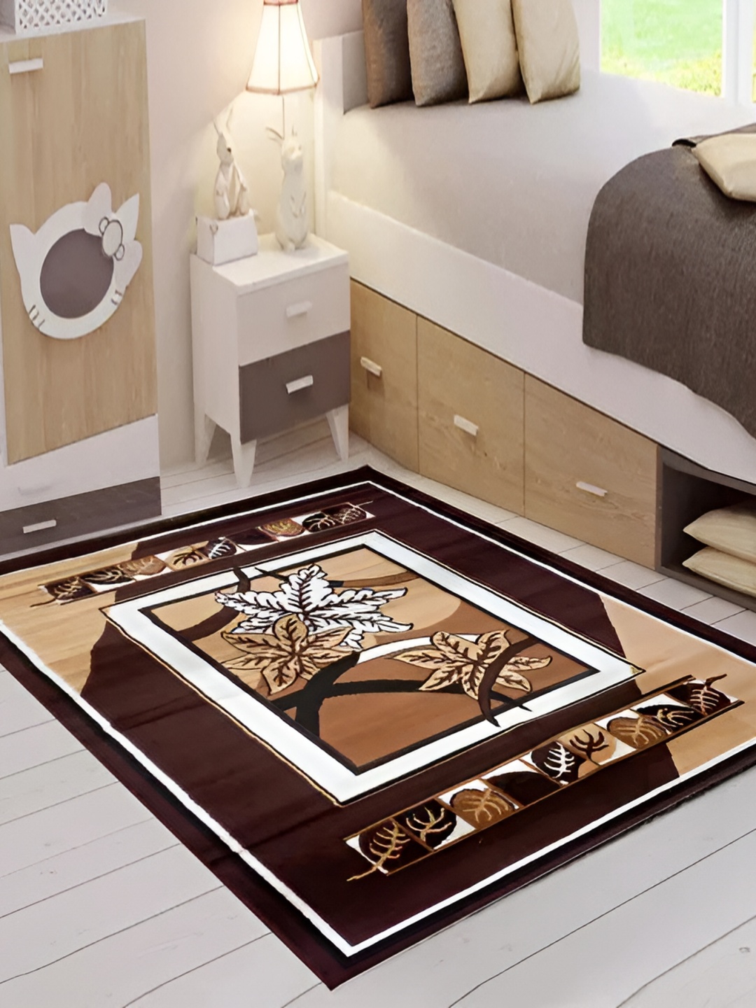 

SANA CARPET Brown & Beige Floral Printed Anti-Skid Carpet