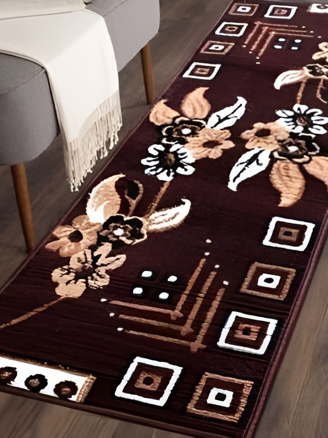 

SANA CARPET Brown & White Floral Printed Anti-Skid Silk Carpet