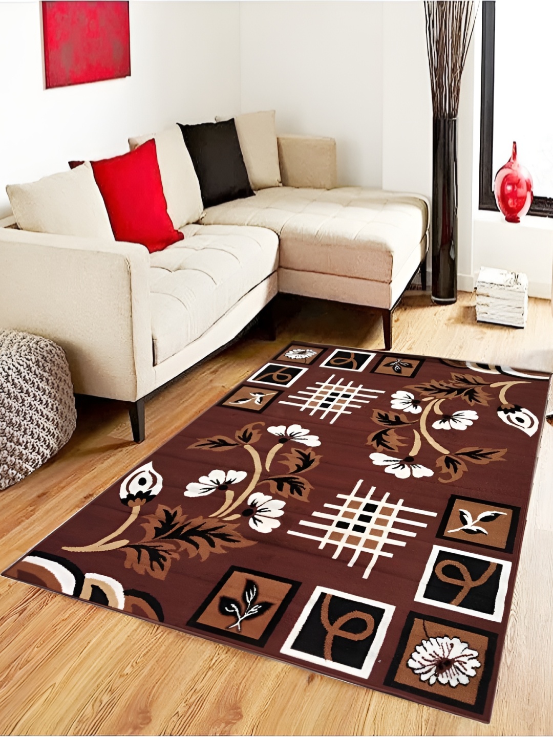 

SANA CARPET Brown & White Floral Printed Anti-Skid Silk Carpet