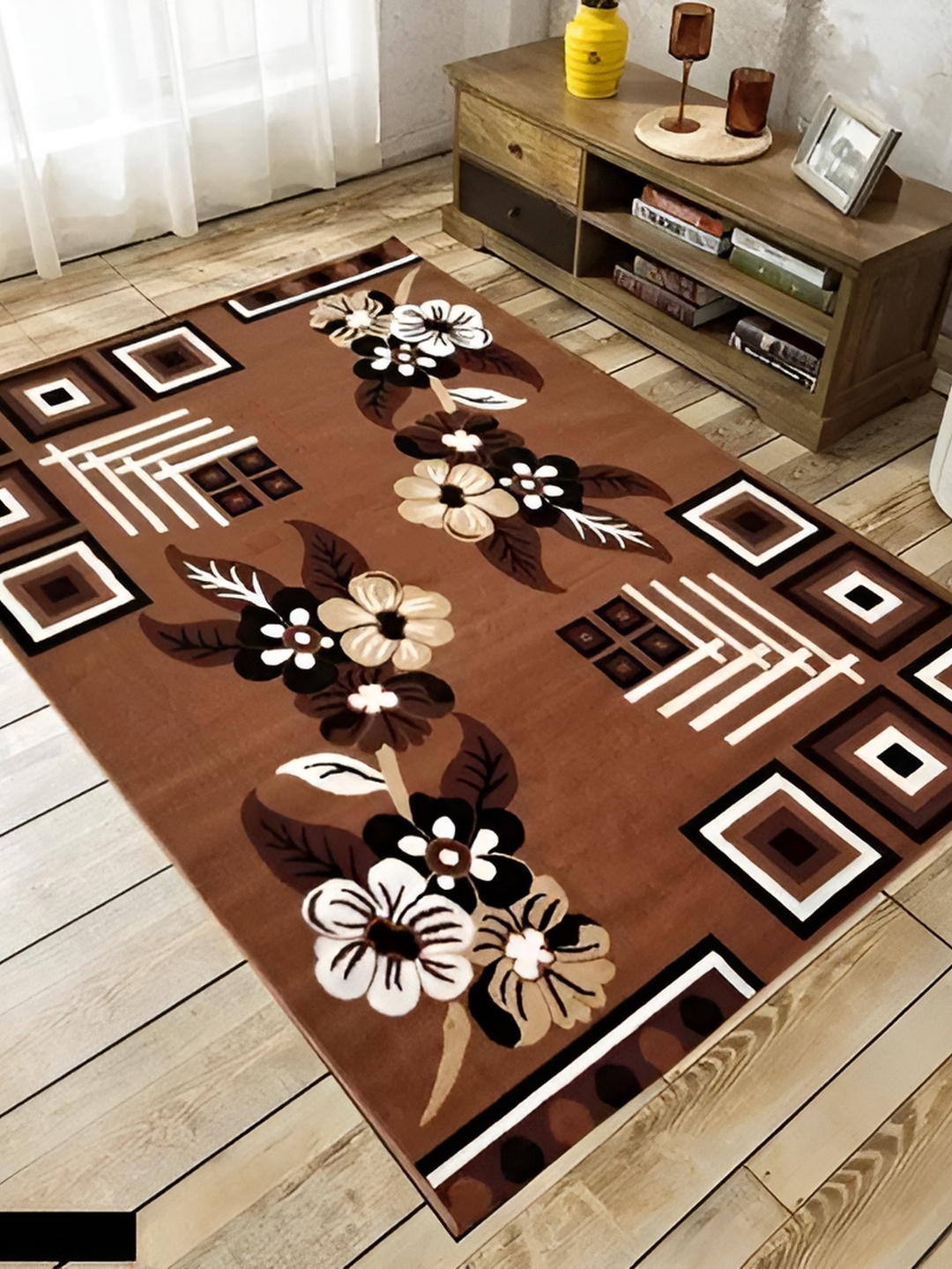 

SANA CARPET Brown & Gold Toned Floral Printed Anti-Skid Carpet