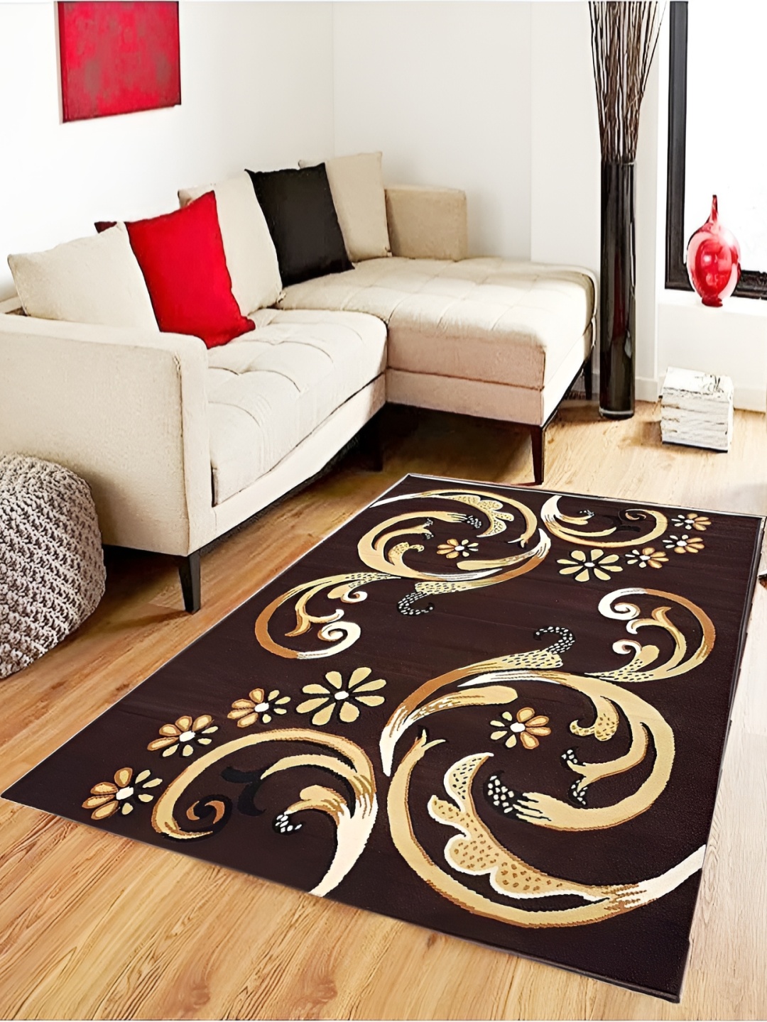 

SANA CARPET Brown & Gold Toned Floral Printed Anti Skid Silk Rectangle Carpet