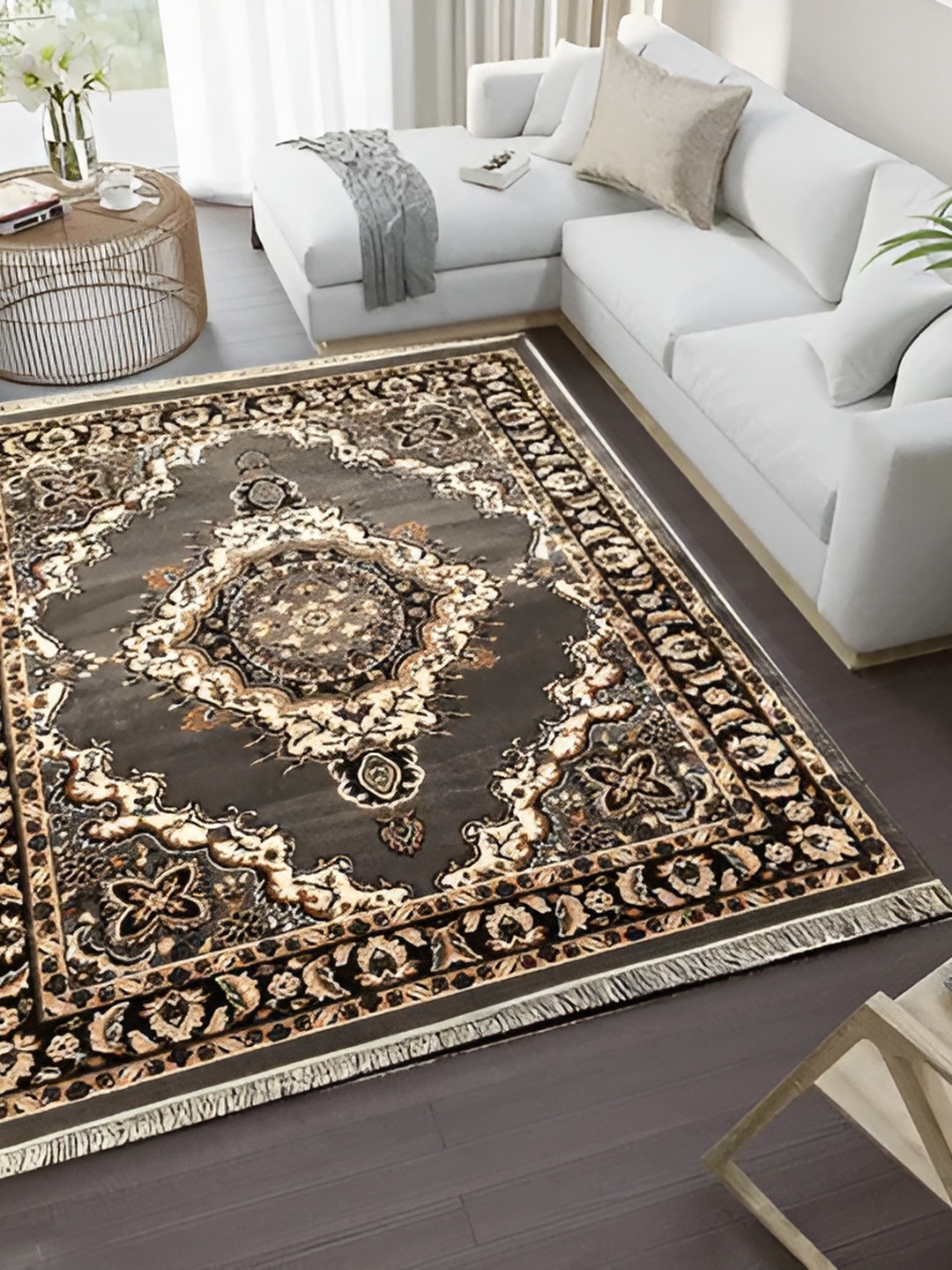 

SANA CARPET Grey & Beige Ethnic Motifs Printed Anti-Skid Carpet