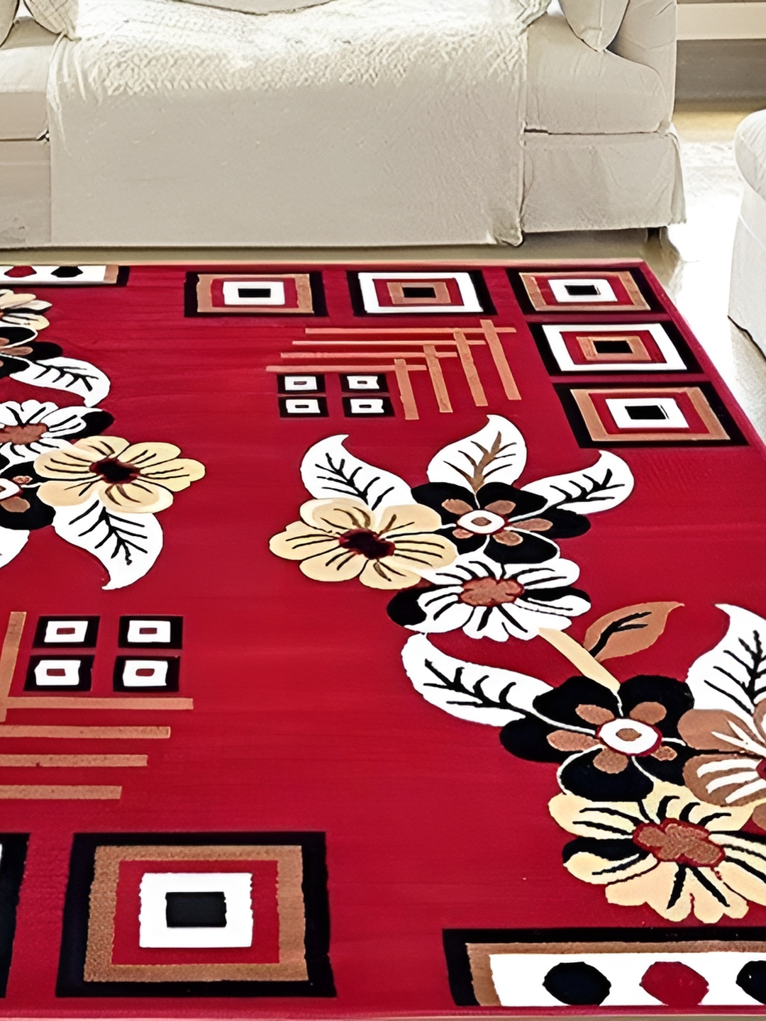 

SANA CARPET Red & Beige Floral Printed Anti-Skid Carpet
