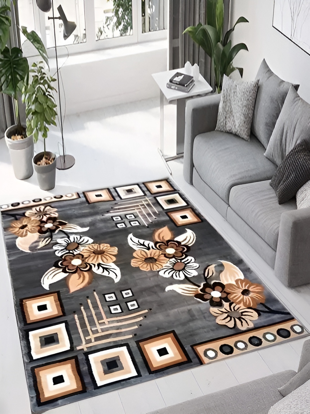 

SANA CARPET Grey & Beige Floral Printed Anti-Skid Carpet