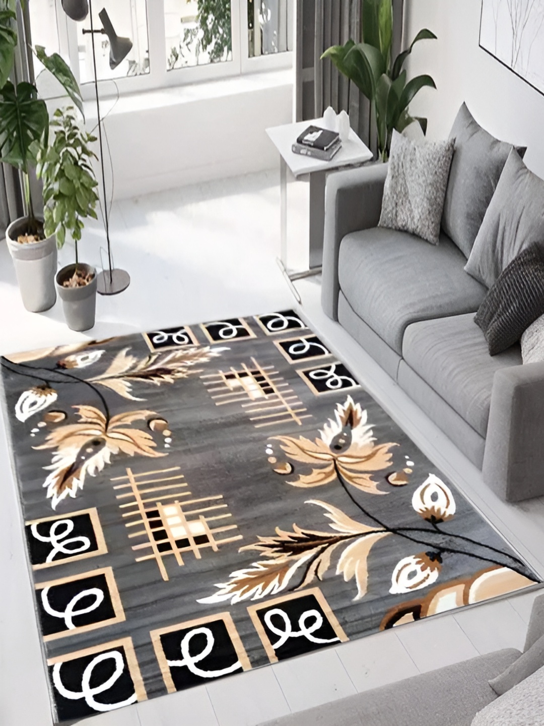

SANA CARPET Grey & Beige Floral Printed Anti-Skid Carpet