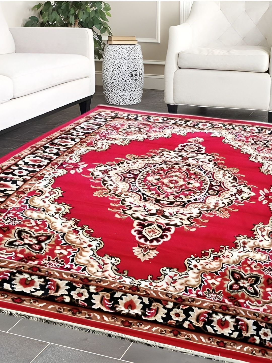 

SANA CARPET Red & Black Floral Printed Anti Skid Silk Rectangle Carpet