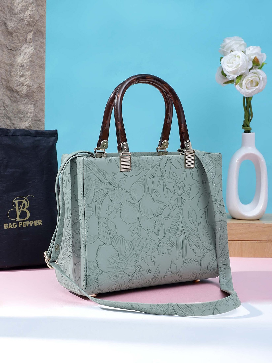 

Bag Pepper Floral Textured Structured Handheld Bag, Sea green