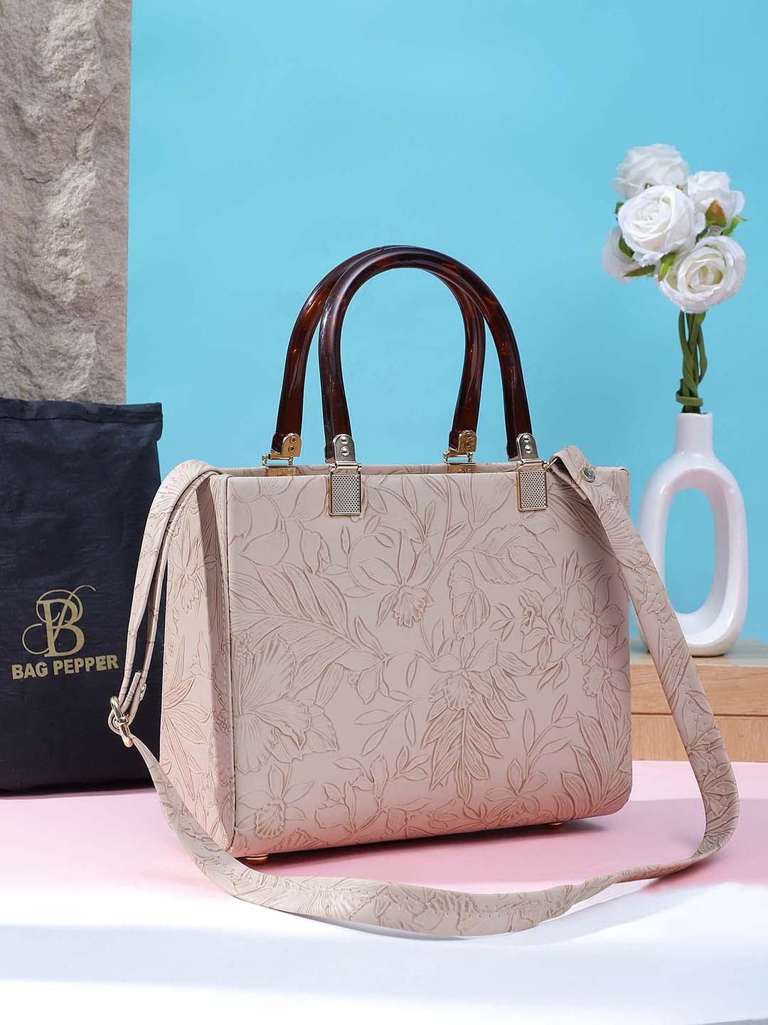 

Bag Pepper Floral Textured Structured Handheld Bag, Beige