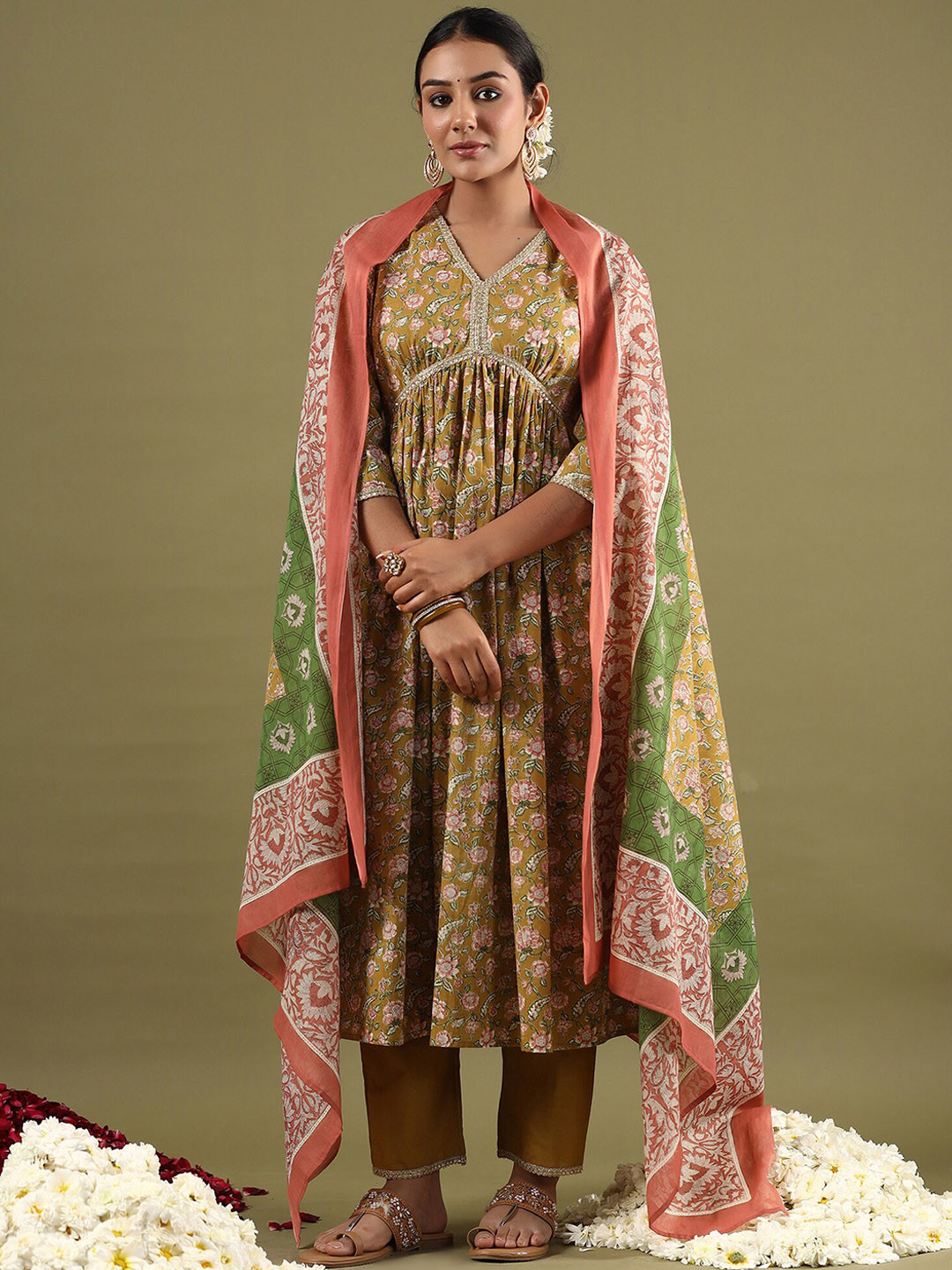 

Indo Era Ethnic Motifs Printed Empire Pure Cotton Anarkali Kurta with Trousers & Dupatta, Olive