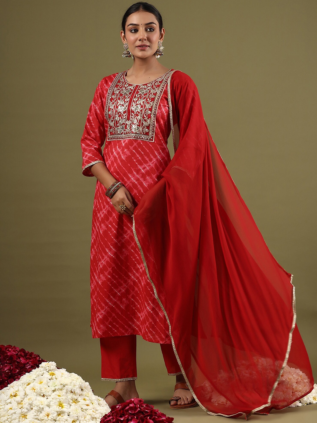 

Indo Era Leheriya Embroidered Sequinned Straight Kurta With Palazzo & Dupatta, Red