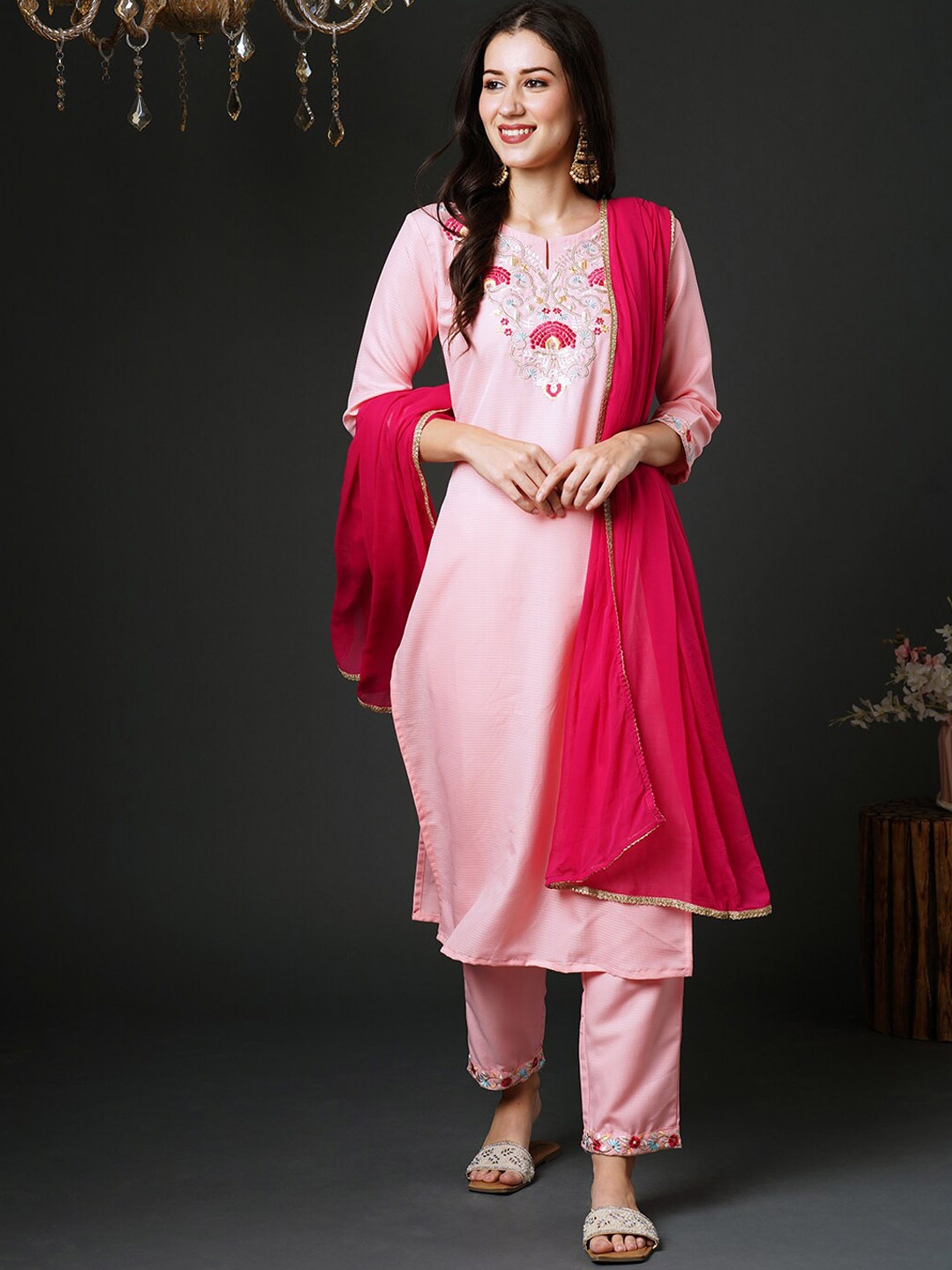 

Indo Era Floral Embroidered Liva Straight Kurta With Trouser & Dupatta, Pink