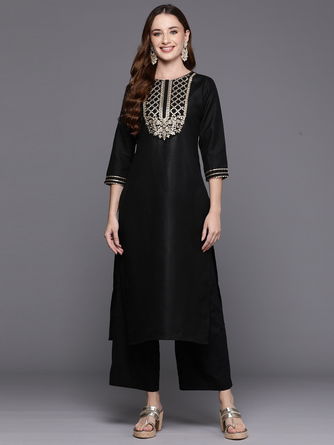 

Indo Era Yoke Design Thread Work Cotton Straight Kurta, Black
