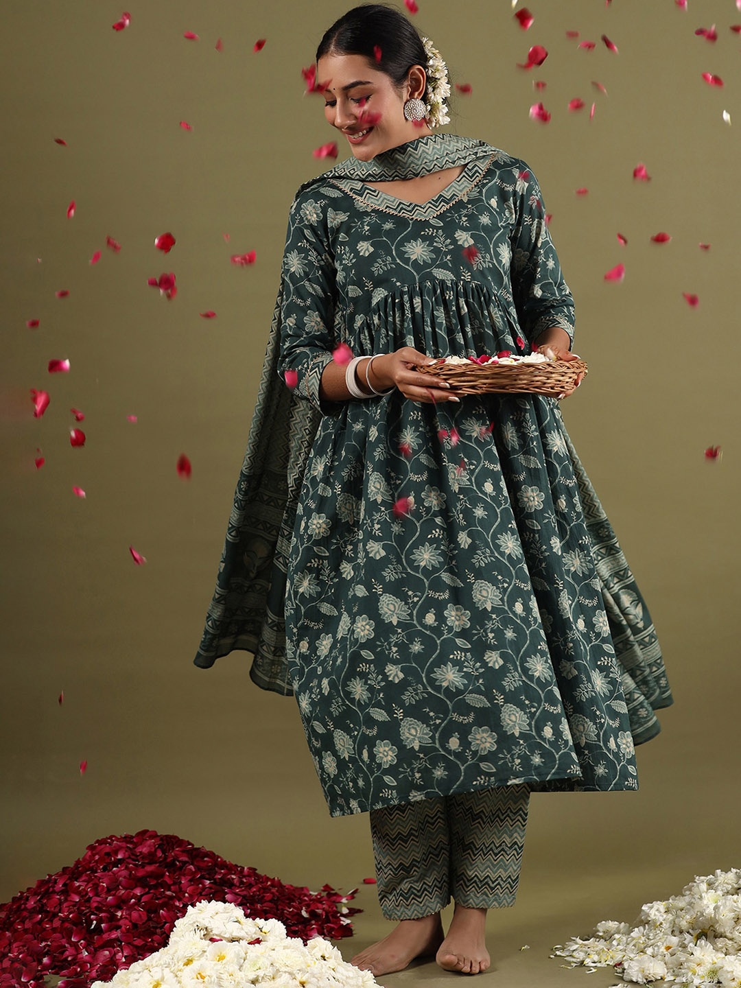 

Indo Era Floral Printed Pleated Gotta Patti Pure Cotton Kurta With Trouser & Dupatta, Green