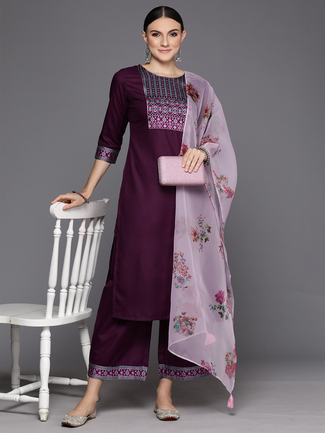 

Indo Era Floral Yoke Design Round Neck Straight Kurta with Palazzos & Dupatta, Purple